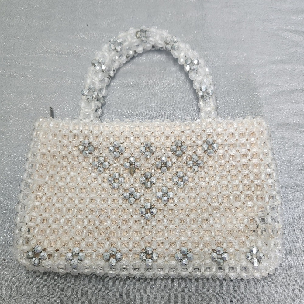 Vintage Made in Italy Clear‎ Silver Beaded Evening Handbag 70s Coquette Dainty